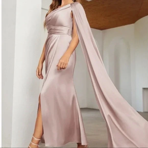 Luxe Pink One shoulder Party Formal Evening Prom Satin Wedding dre… - Picture 3 of 16
